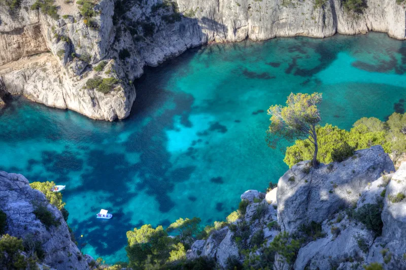 Vue aérienne de la calanque d'En-Vau turquoise entre falaises calcaires blanches et pins — Calanques de Marseille